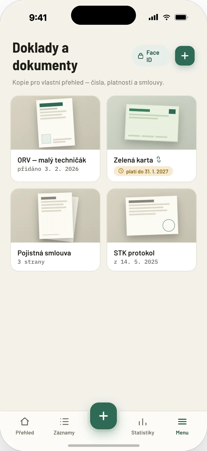Seznam uložených dokladů k vozidlu, zamčený biometrickým ověřením.