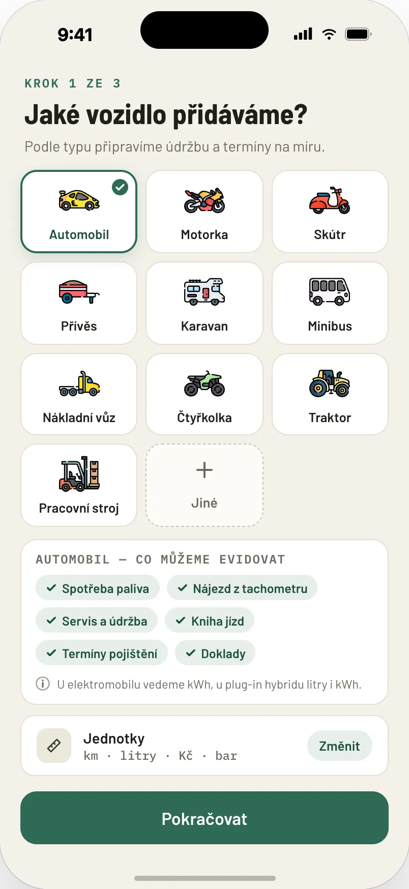 Výběr typu vozidla — osobní auto, motorka, přívěs nebo pracovní stroj.